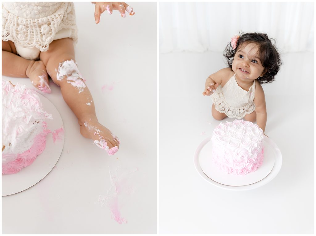 baby smashes birthday cake