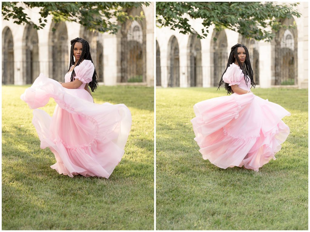 girl swishes pink poofy dress for senior photos