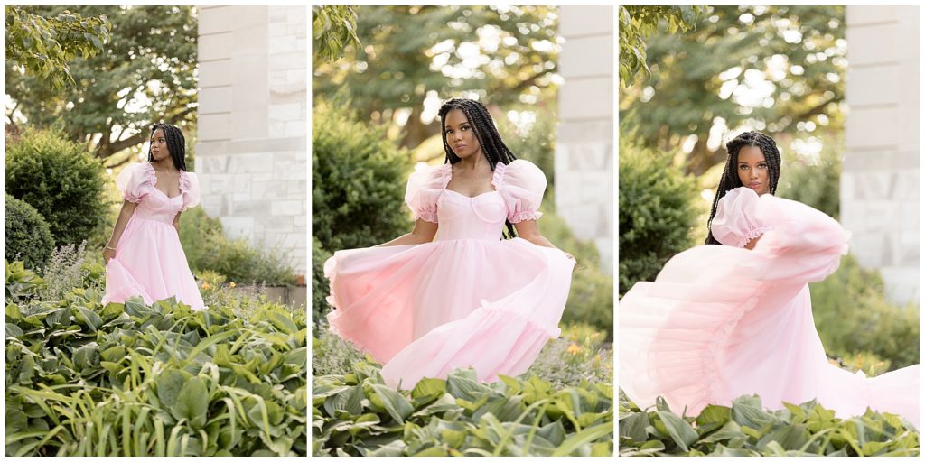 drama with pink poofy dress in senior pictures