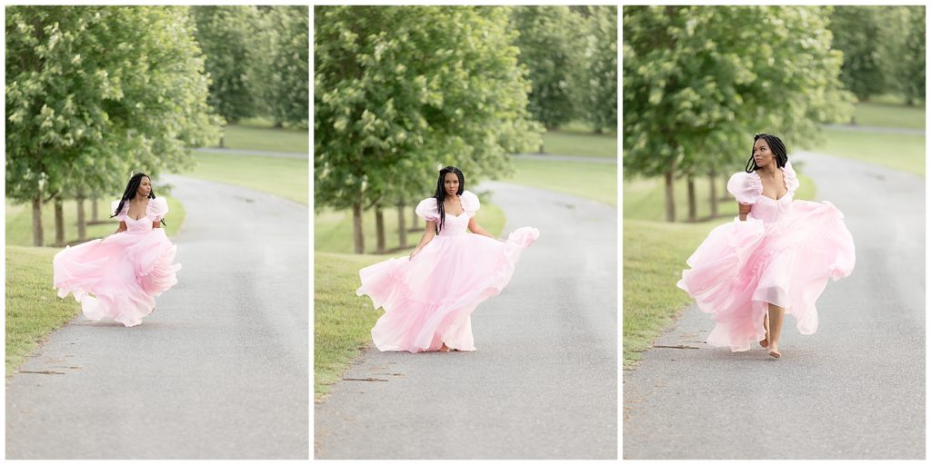 teen girl runs up driveway in pink poofy dress