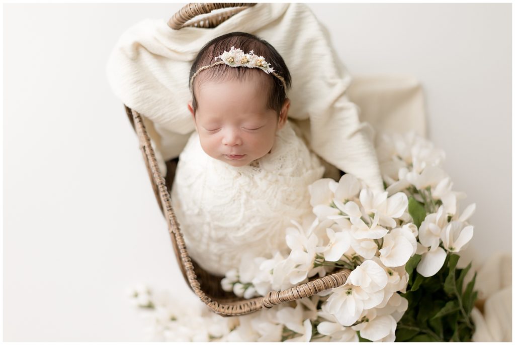 newborn mini session poses - brown basket