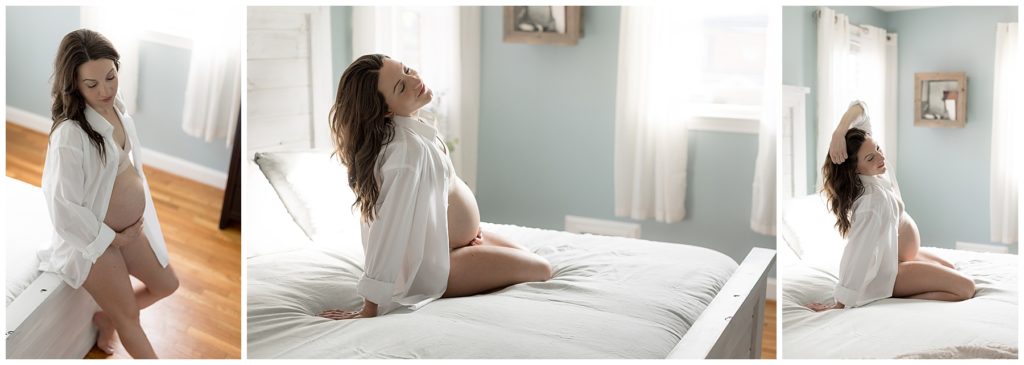 pregnant posing on bed, boudoir maternity session