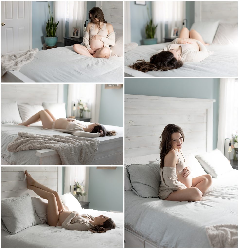maternity posing in light-filled master bedroom
