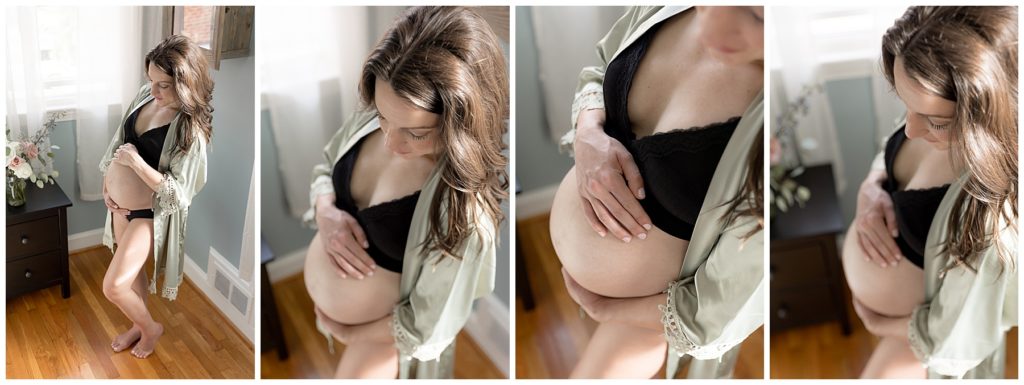 boudoir maternity session, black bra and robe