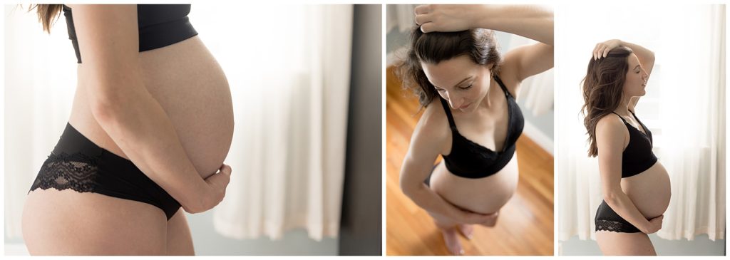 boudoir maternity session, standing in front of window