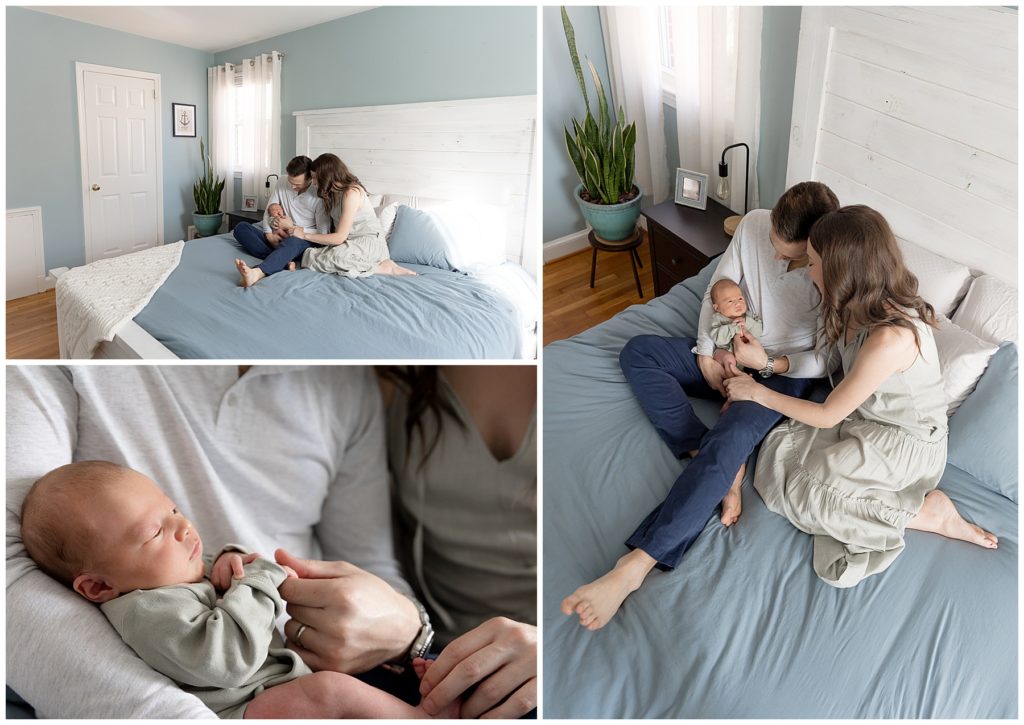 couple snuggles newborn on master bed, not perfect but perfect together