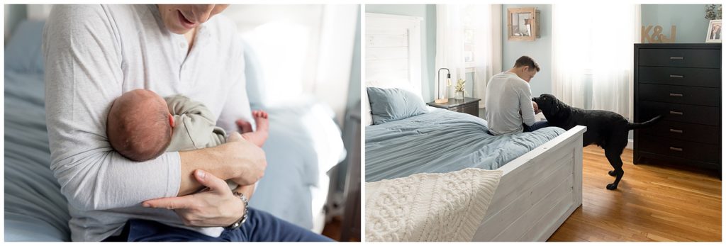 dad cradles newborn son in light-filled master bedroom