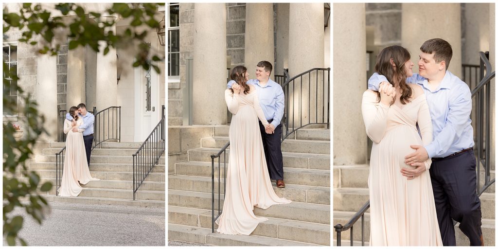 gorgeous, flowing maternity dress drapes over stairs