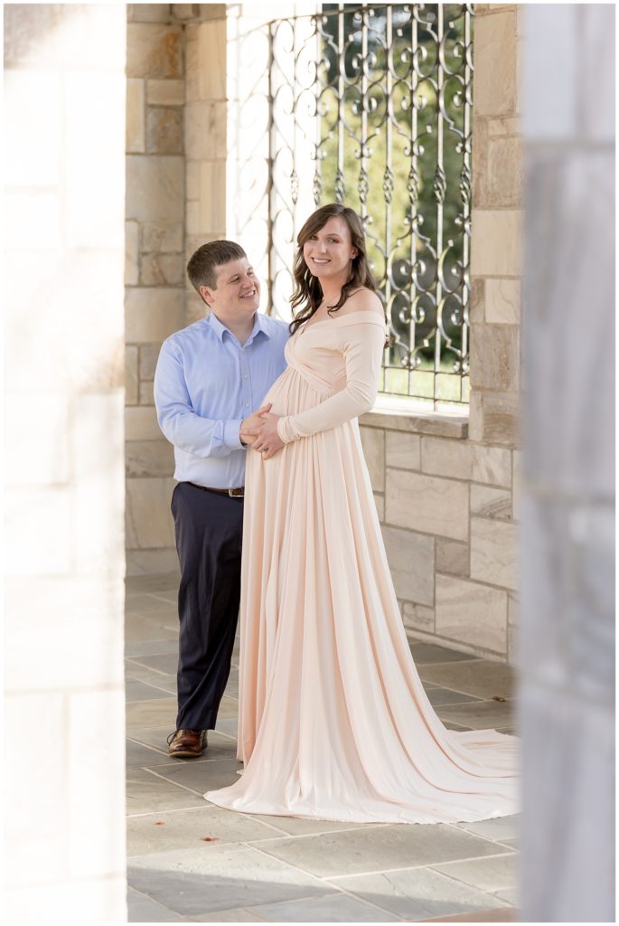 gorgeous, flowing maternity dress in blush