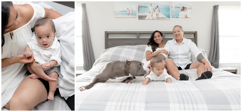 in home photos, family of three with dog