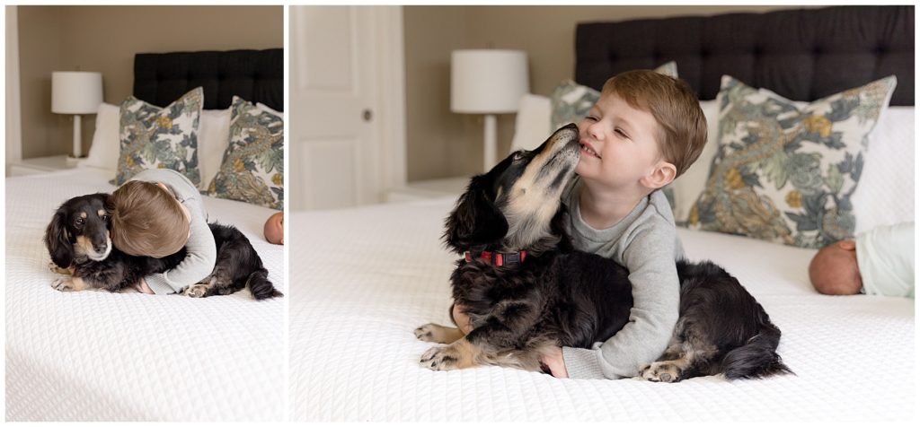 toddler gets kisses from family dog