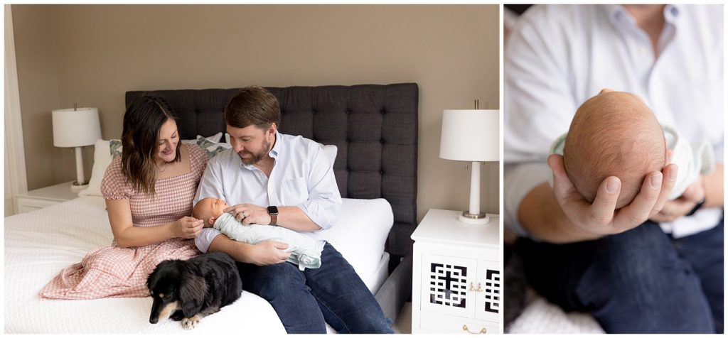husband and wife posed with new baby on bed
