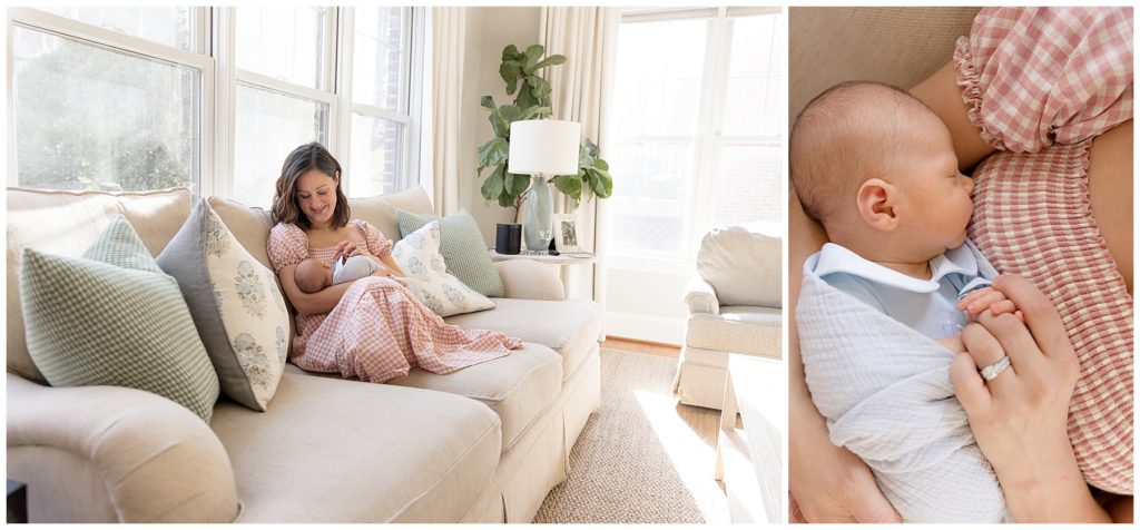 mom and newborn in light filled living room