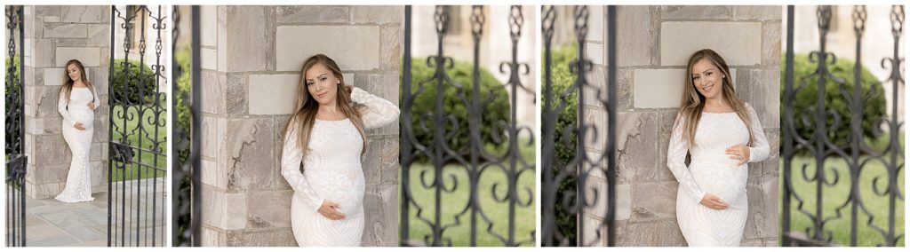 prepare for your maternity session - gray stone walls and iron gates
