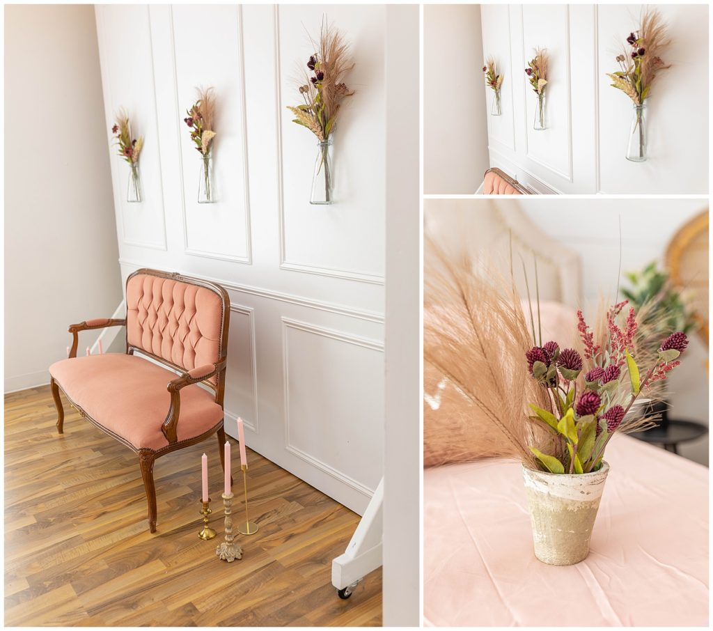 The Annapolis Studio - bench against white wall with flowers