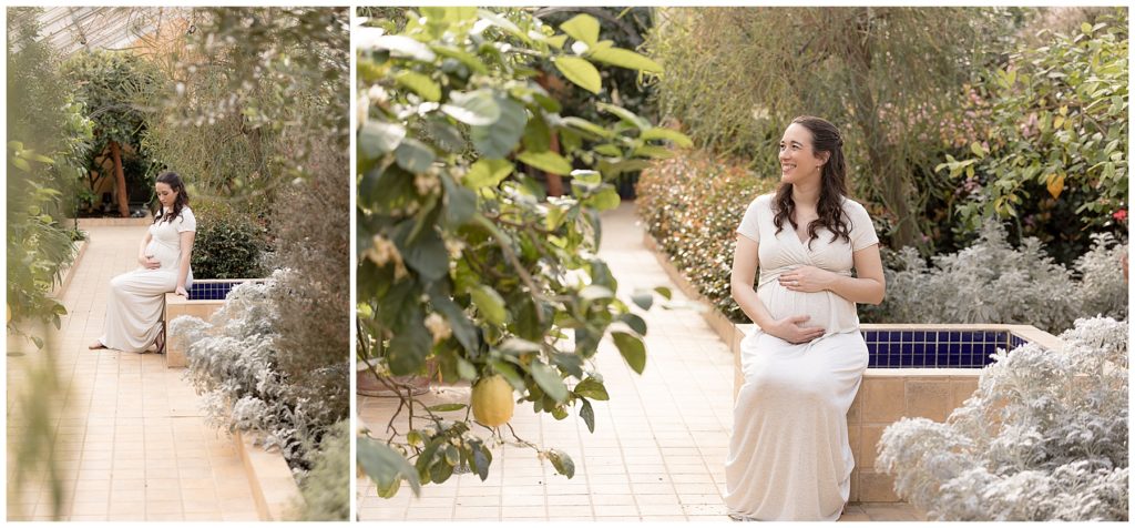 pregnant woman in cream dress at Rawlings Conservatory
