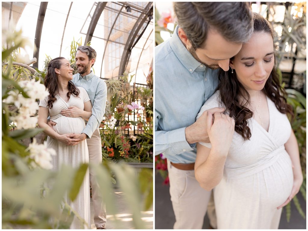framed by orchids during maternity picture session