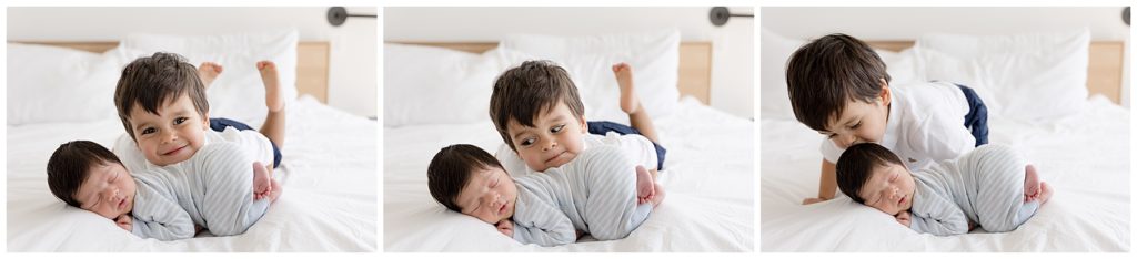 newborn posing with big brother, in home newborn photos
