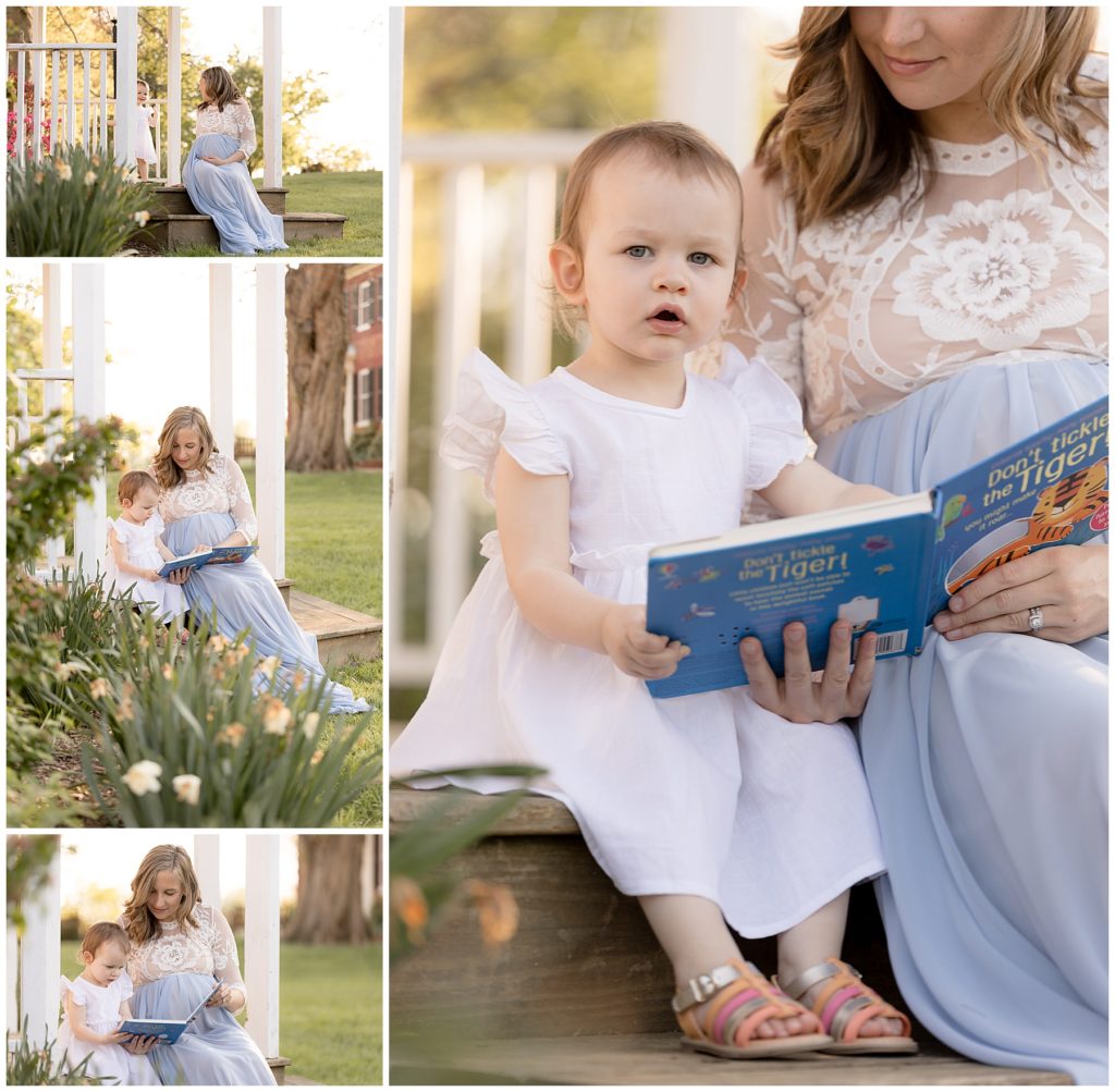 pregnant mom reads to toddler