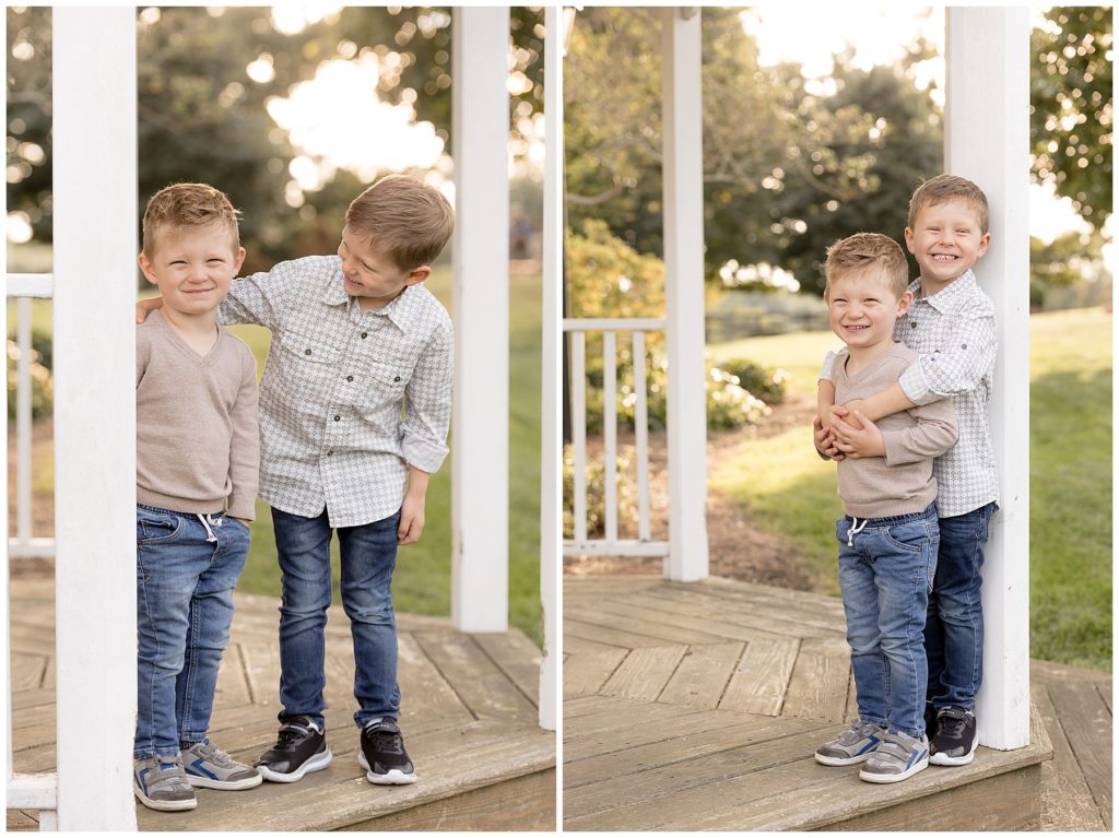 brotherly love during photo session in white gazebo