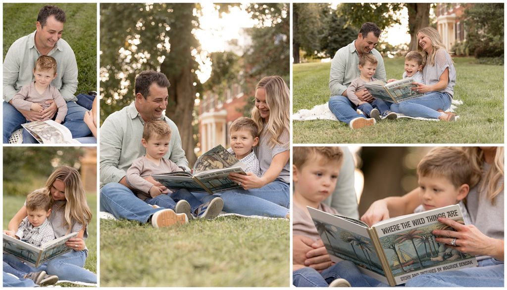 family of four sits on blanket and reads Where the Wild Things Are