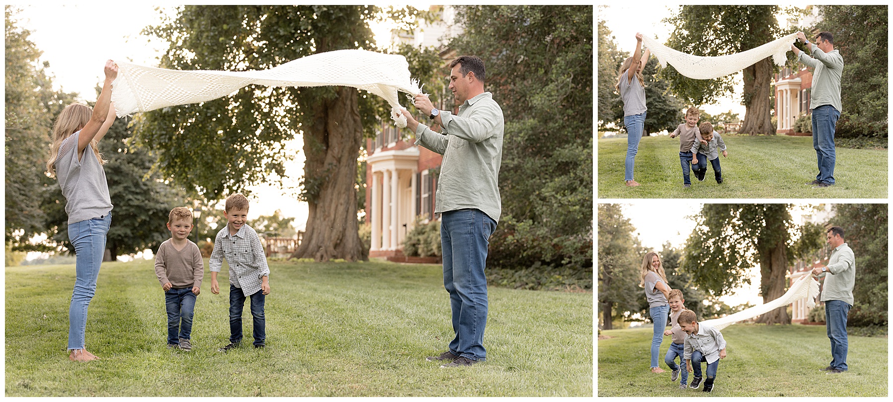 family plays with white blanket during photo session - photographer's busy season