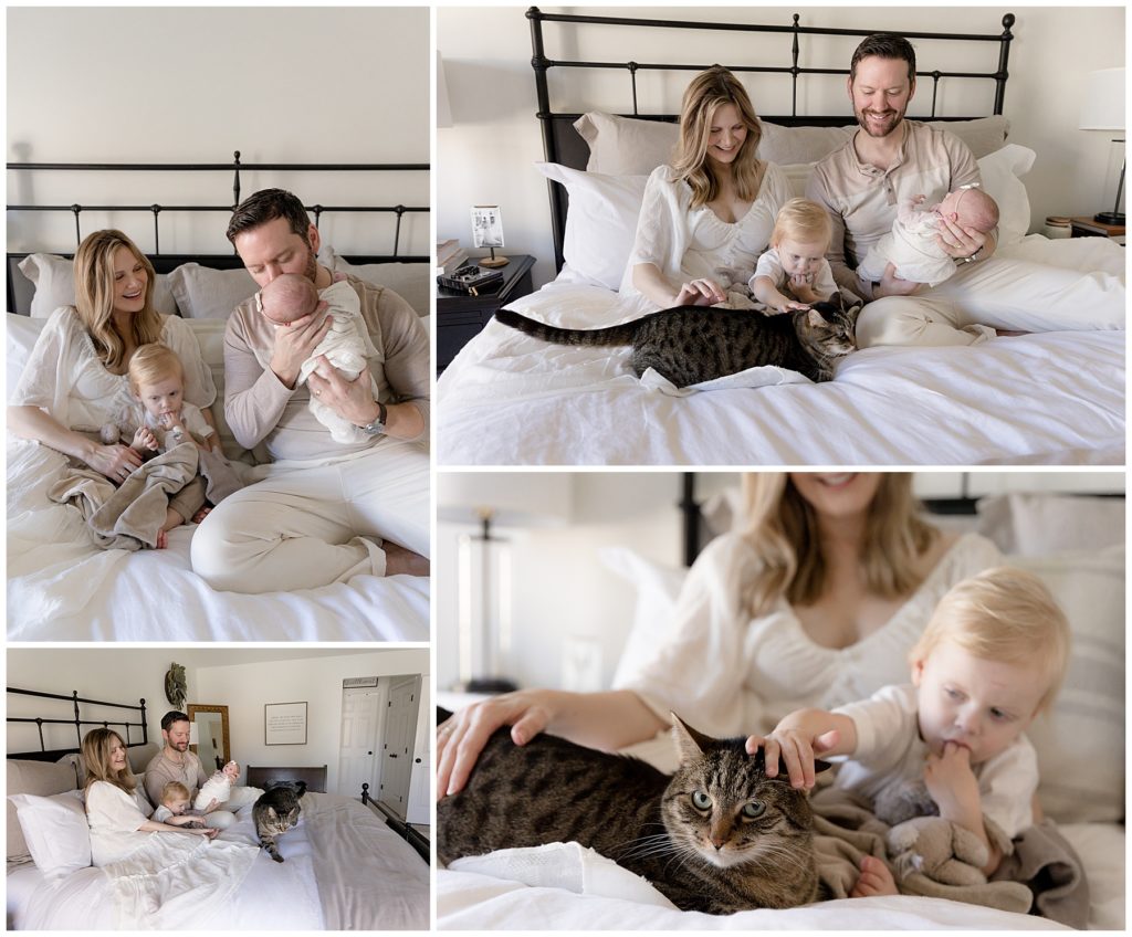 family snuggles on master bed for lifestyle newborn photos
