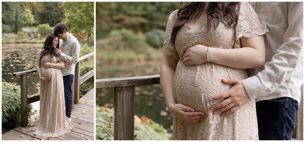 maternity portraits on a magical garden bridge