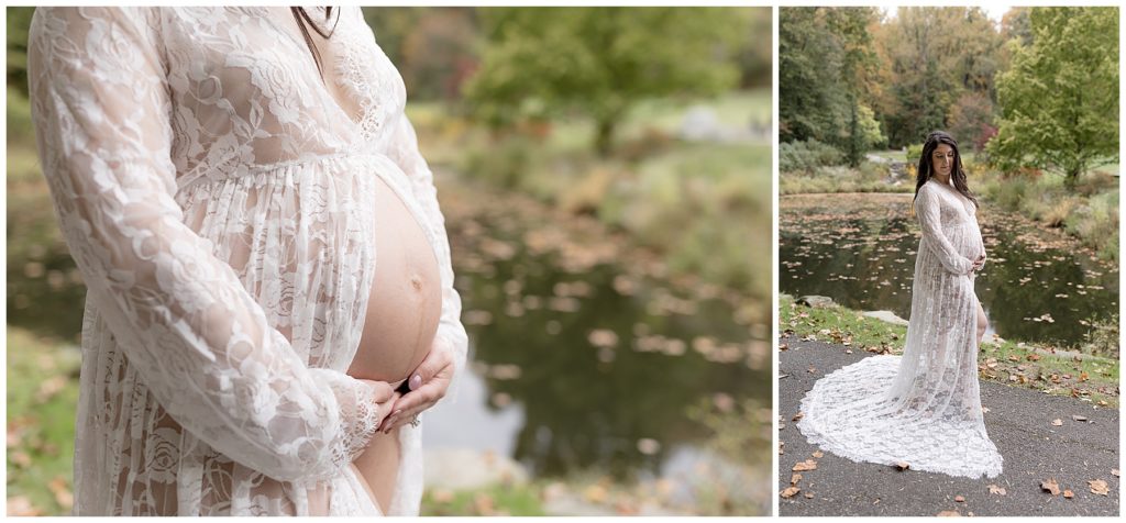 maternity pictures, white lacy belly baring dress