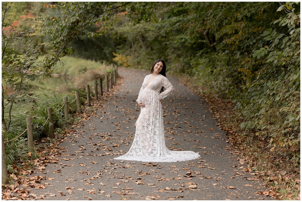 see through white lace maternity dress and fall leaves, stuck in my comfort zone