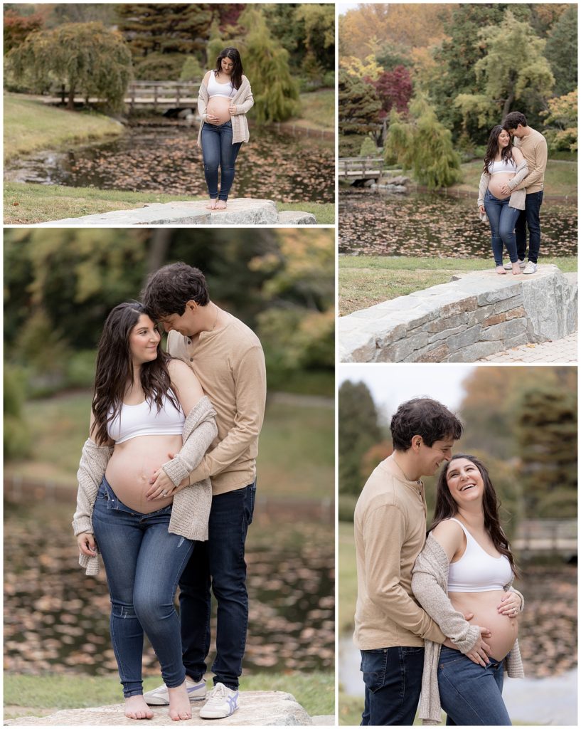 expectant couple poses next to water during pregnancy pictures