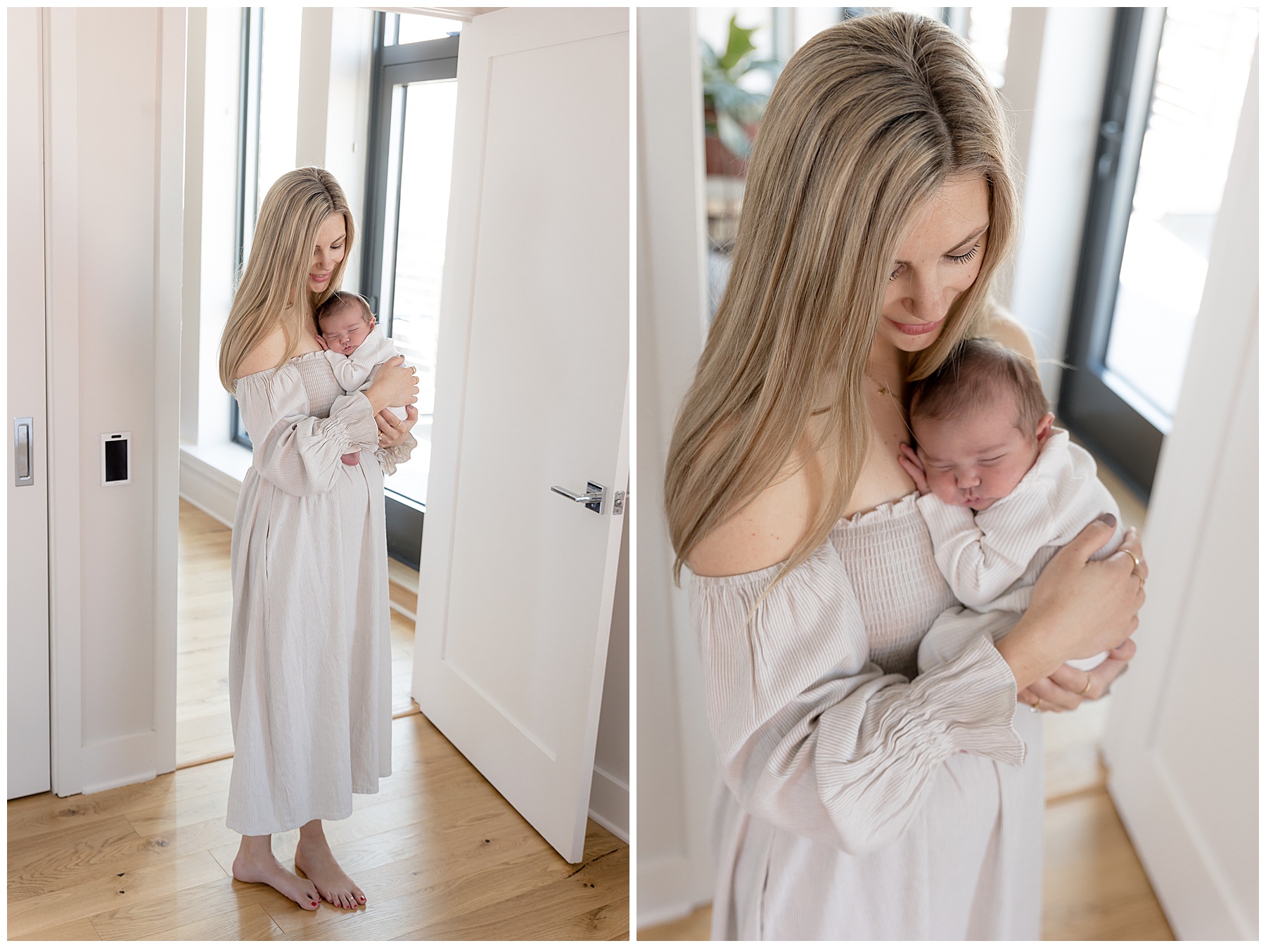 mom in white dress holds new baby son