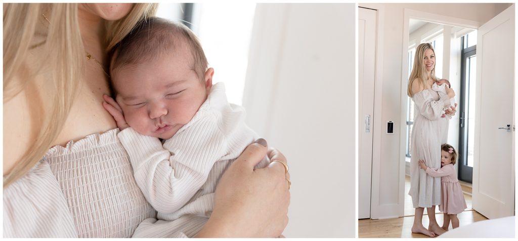 postpartum mom in comfortable white dress poses with children during in home newborn pictures