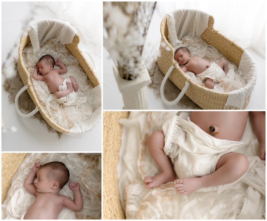 Newborn photos with a nurse + baby in Moses basket