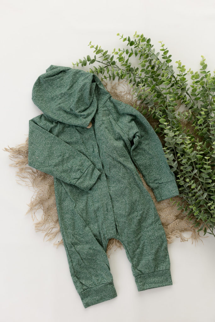 green boy romper with hoodie - props and outfits
