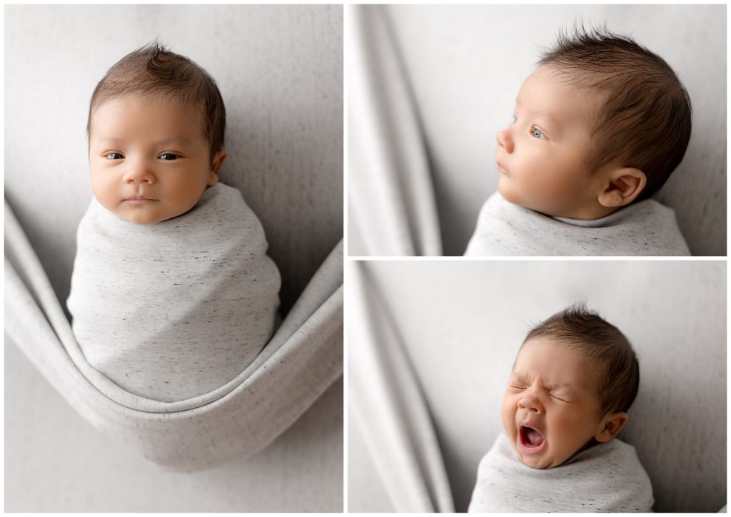 awake newborn with spiky hair in hammock pose