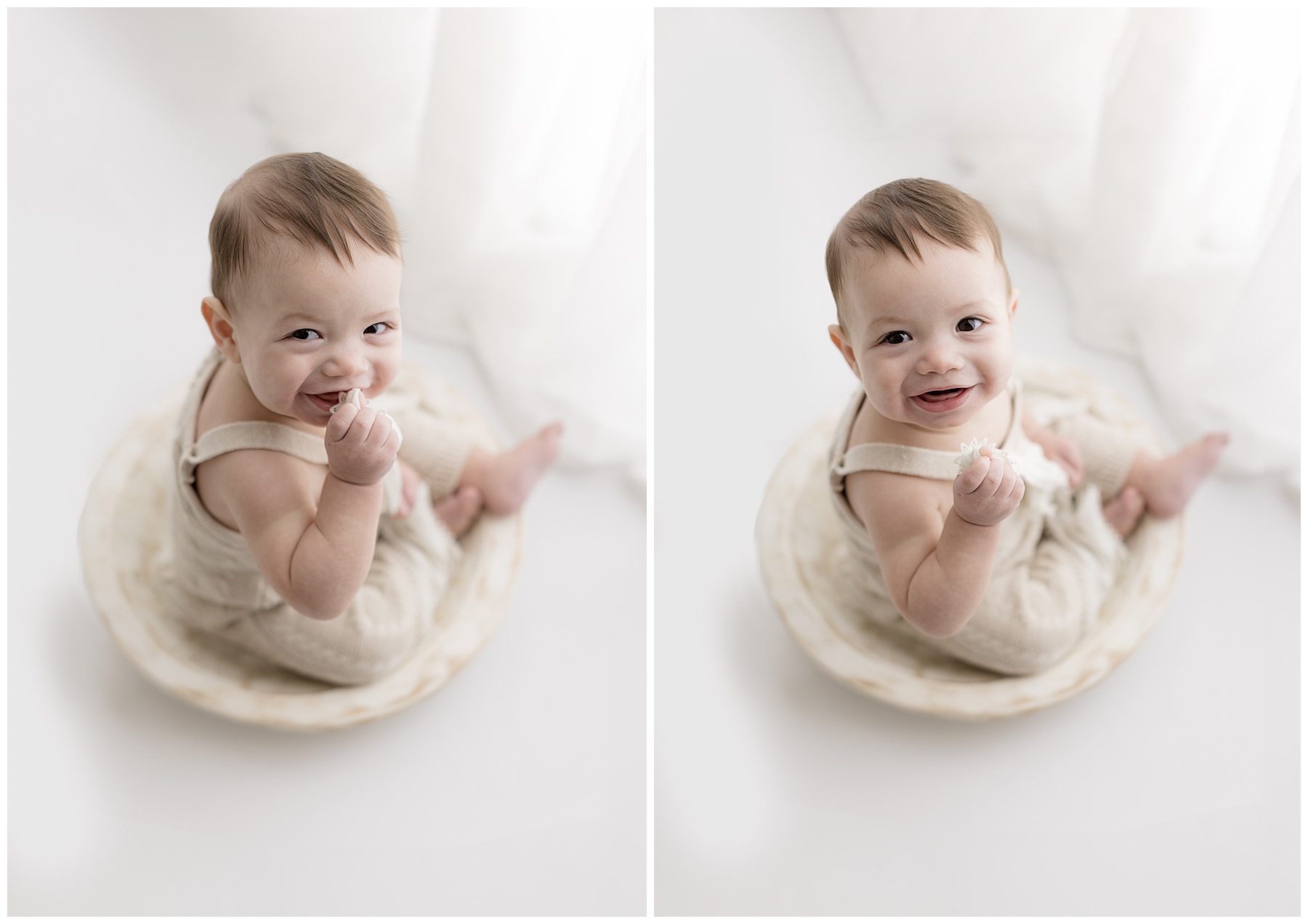 happy, laughing baby in cream outfit in Maryland photo studio