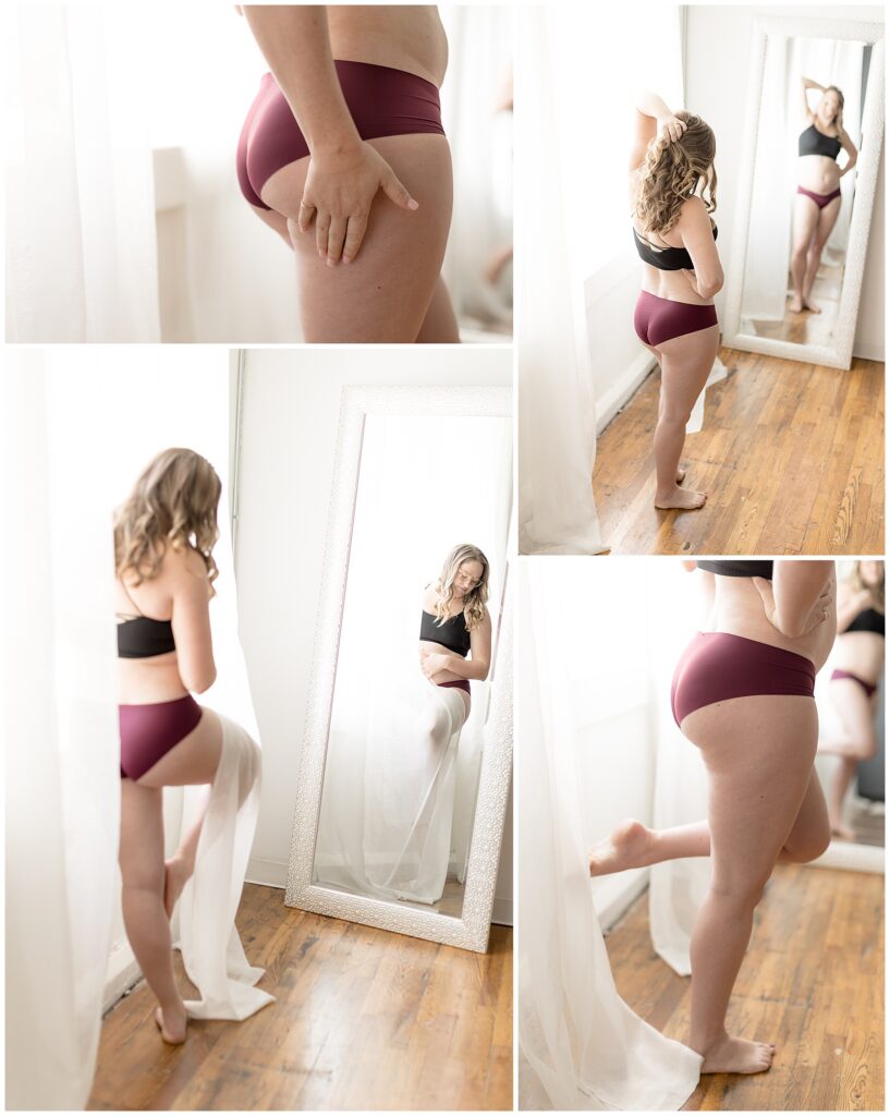 Body Love Photography, woman watches herself pose in the mirror