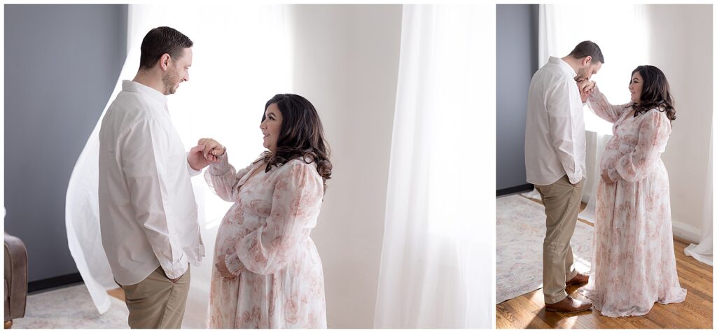stunning maternity photos featuring husband and pregnant wife in Savage, MD, studio