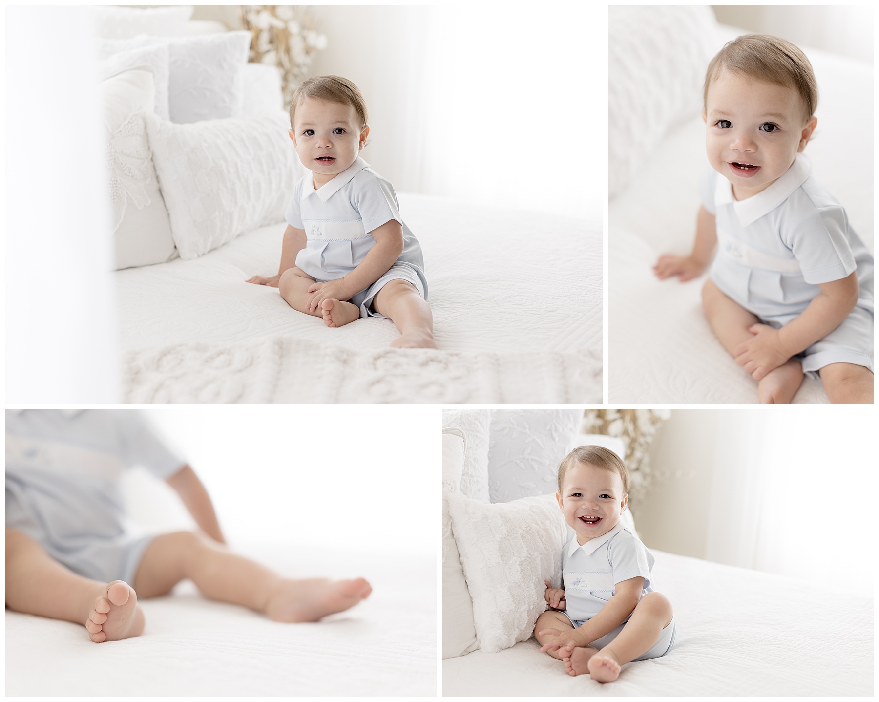 One year old boy in vintage blue outfit smiles during his photo sessions, giving off great cake smash expectations