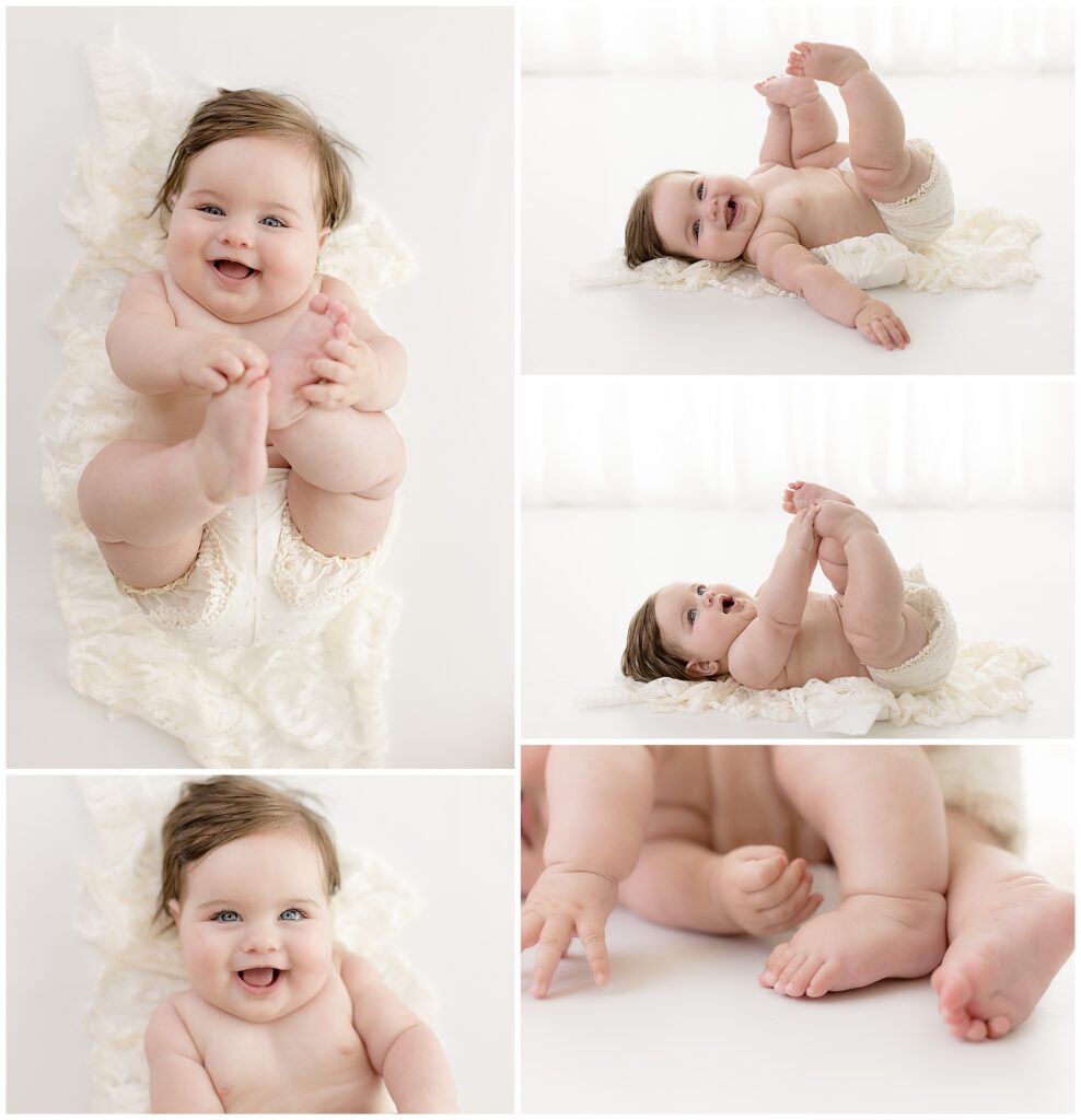 Luna adored laying on the floor in her cream-colored outfit, just giggling up at me and playing with her toes.