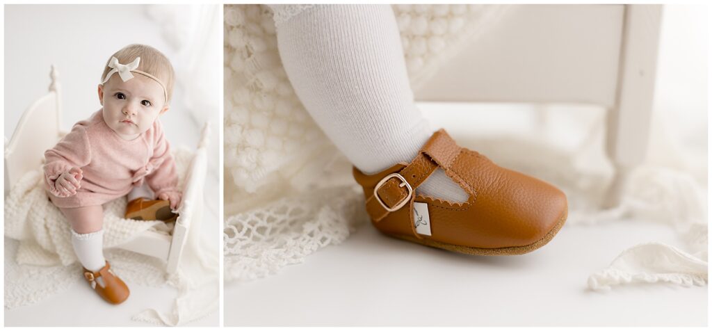 Beautiful baby photography includes close up detail shots like this one of a baby girl and her adorable brown leather shoes.