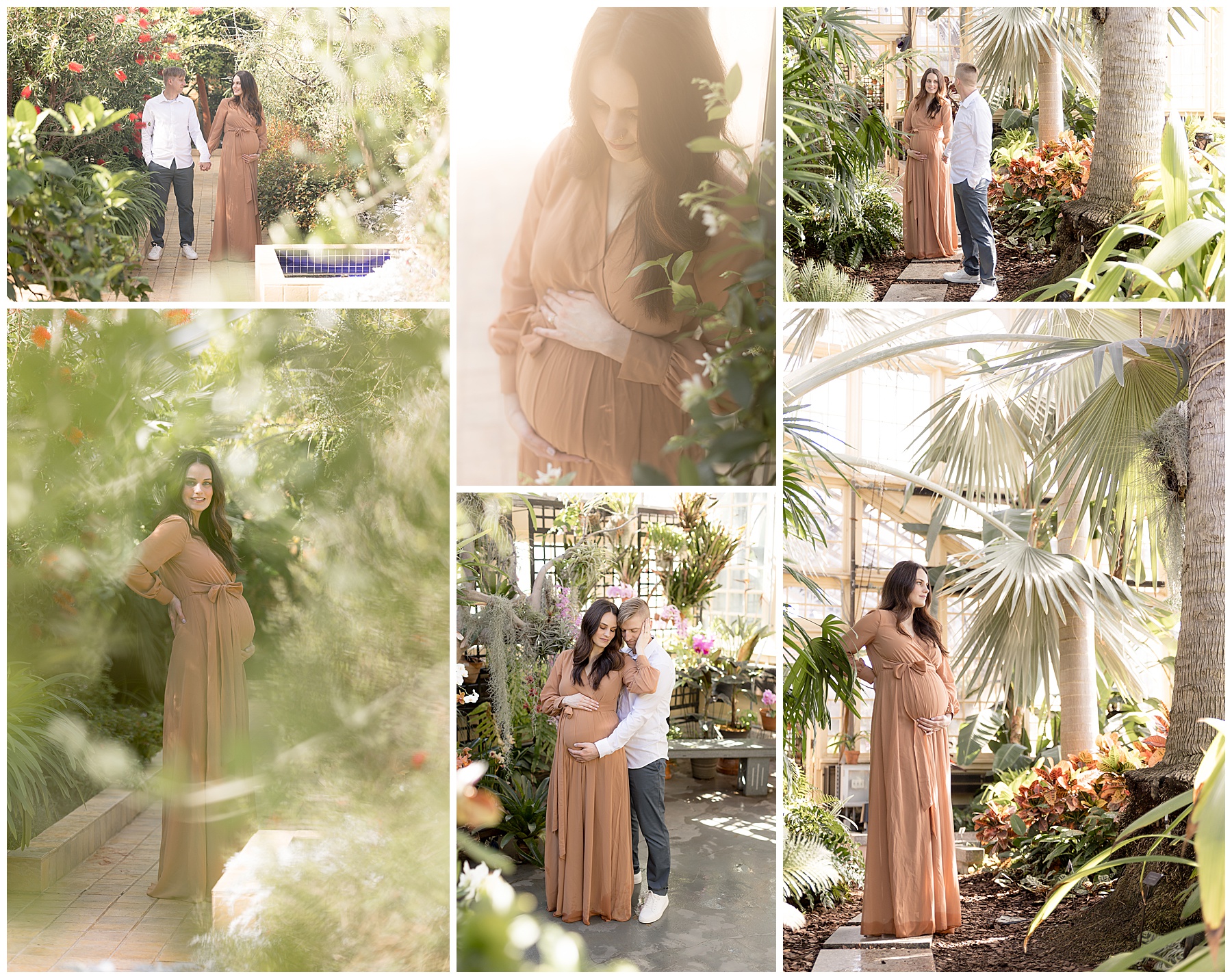 A collage of husband and wife maternity photos at Rawlings Conservatory in Baltimore starts a year of baby's first year photo sessions