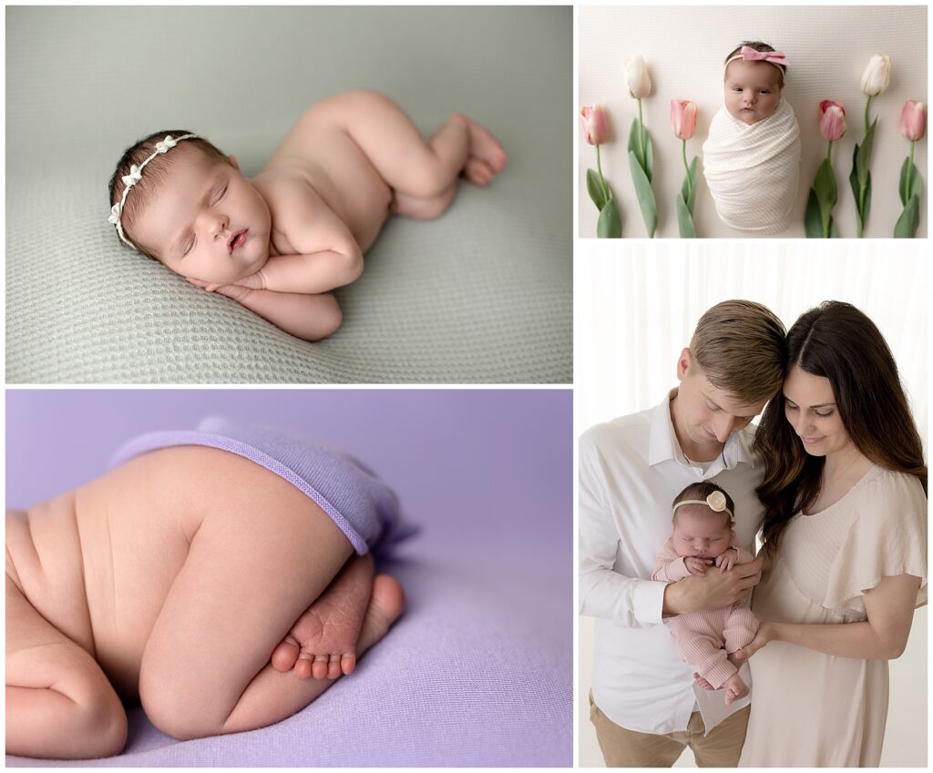 Baby's first year continues at the newborn session which includes parent posing, and solo baby posing.