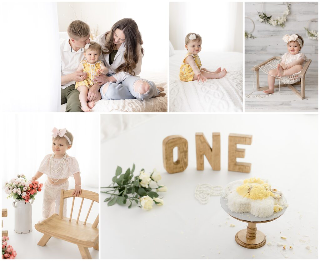 The culmination of baby's first year sessions shows a one year old girl celebrating her first birthday in a collage of photos; baby photo studio