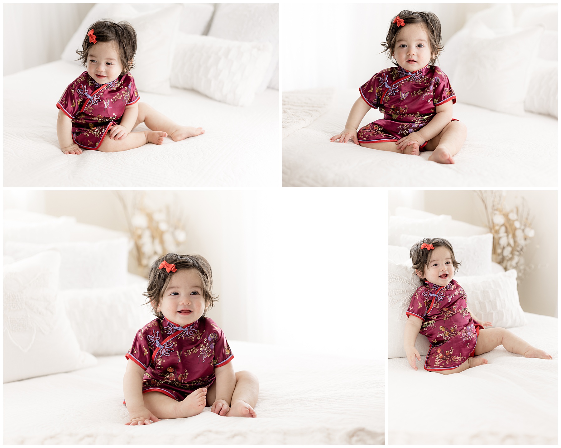 Beautiful half Chinese baby dressed in red sitting on a white bed during her cake smash photography photo session.