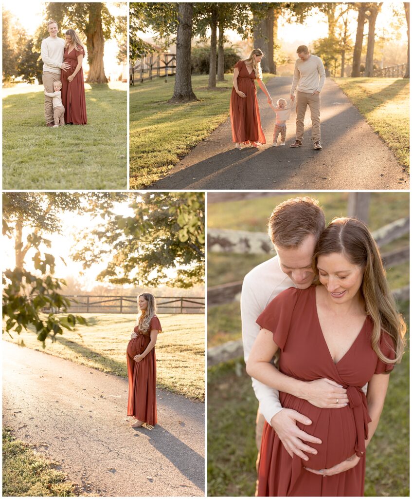 Maternity photography, beautifully showcased by a momma in a rust-colored dress, being loved on by her two best men