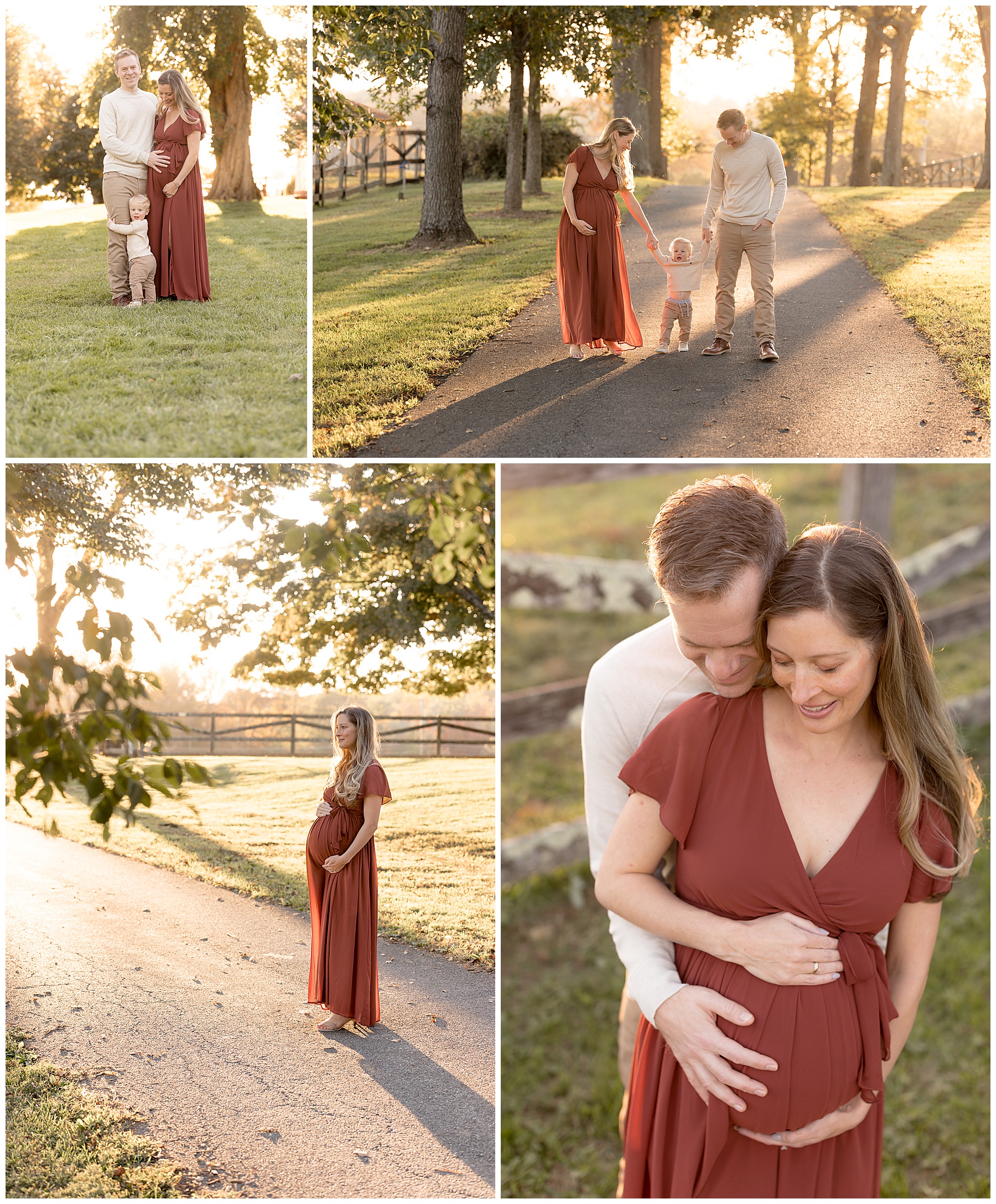 Maternity photography, beautifully showcased by a momma in a rust-colored dress, being loved on by her two best men