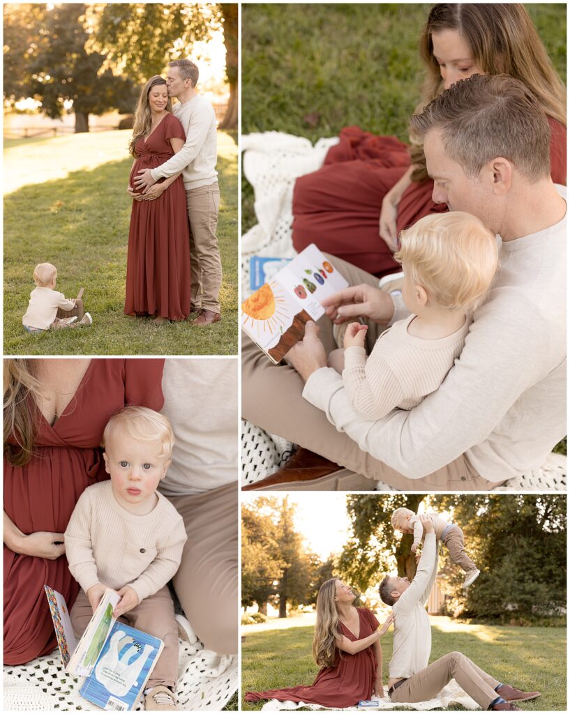 Bringing books along to read is a great way to capture a toddler's attention during a maternity photography session