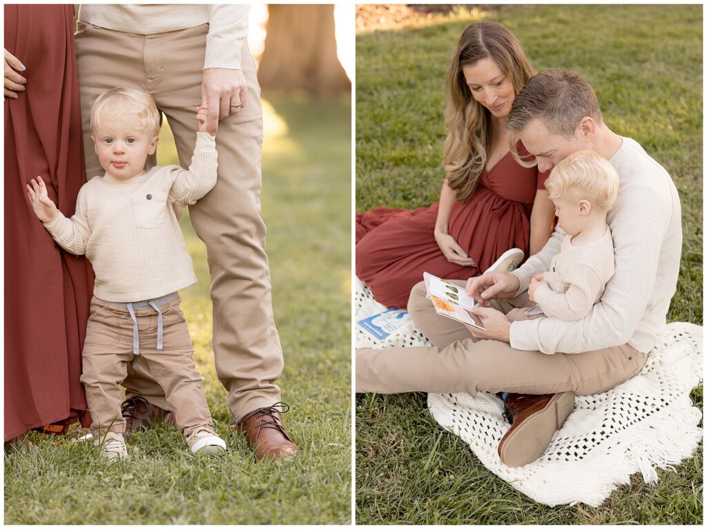 Toddler dressed in earth tones hangs with his parents at his mom's maternity photography session